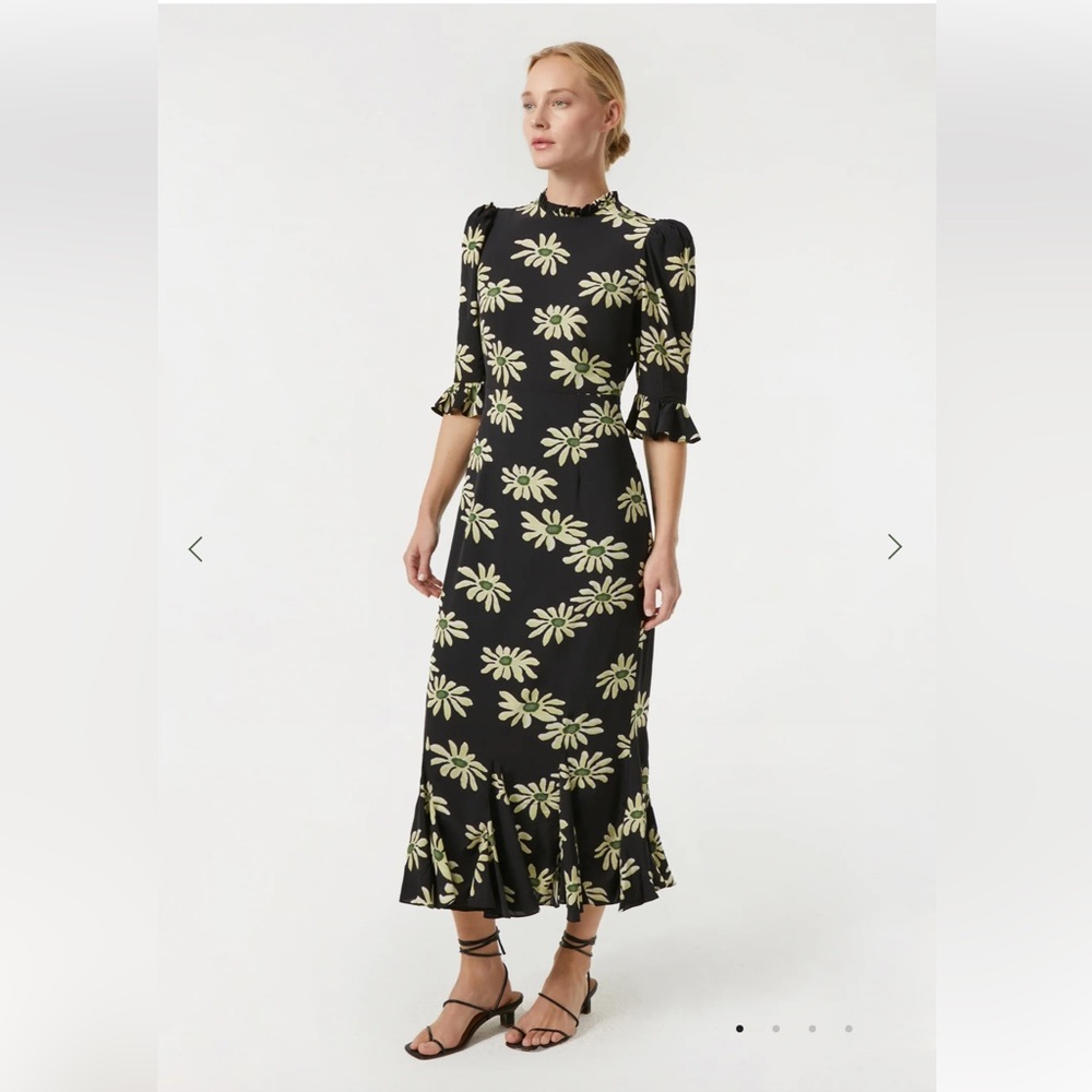 RHODE Felix Ink Daisy Drip Puff Sleeve godet Hem Midi Dress